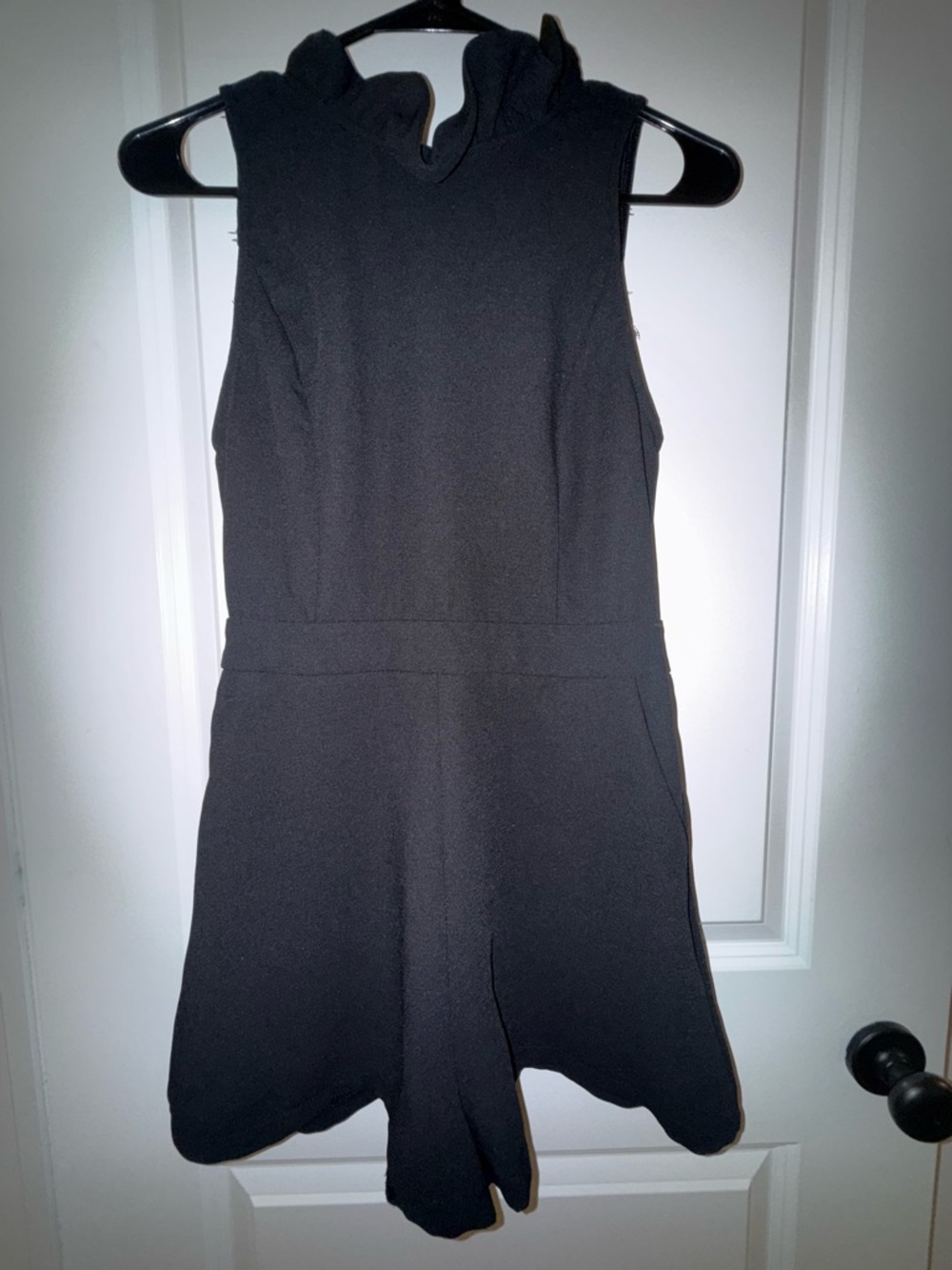 Sleeveless Black Ruffle-Neck Romper | Elegant, Classy, Simple, Bow Back, Small